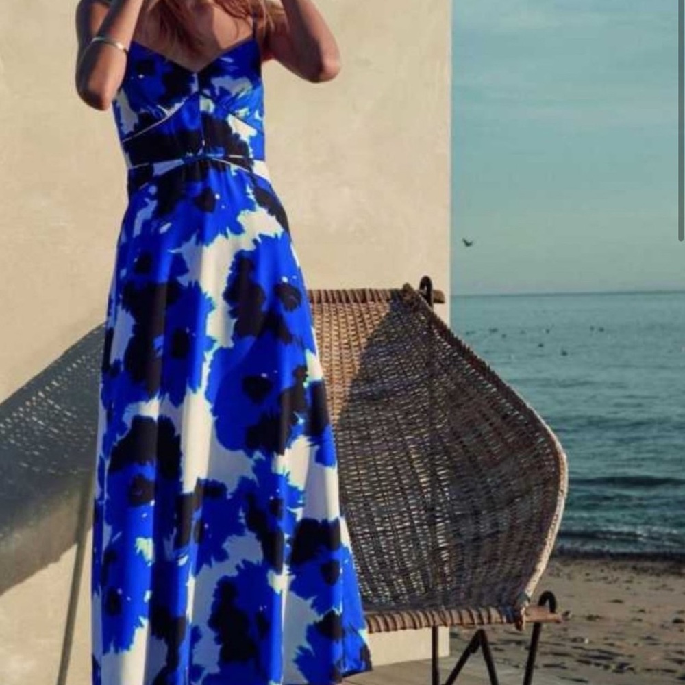 Banana Republic Blue Black Floral Silk Midi Spaghetti Strap Dress